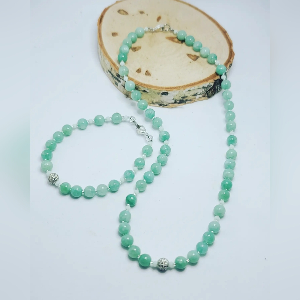 Burma Jade Zirconia Stainless steel charm necklace and bracelet set